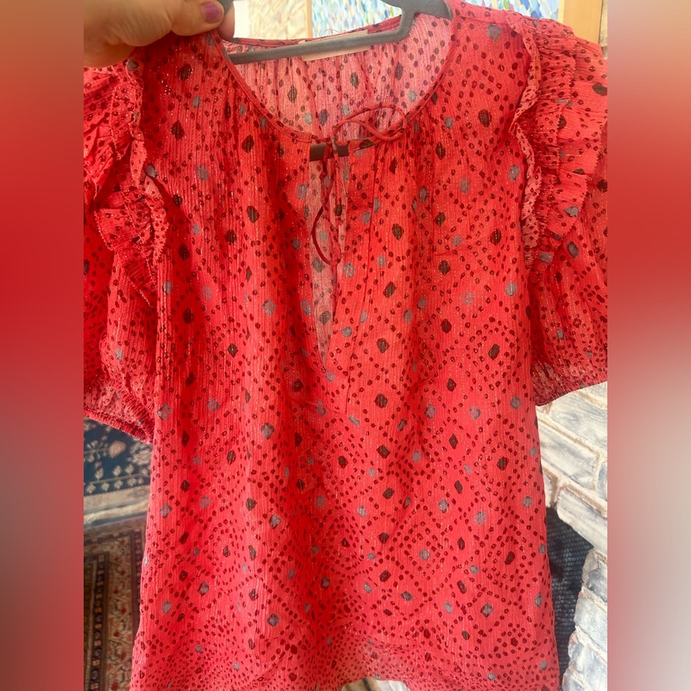Super cute coral/pink Ulla Johnson shirt with blue and gold stitching!